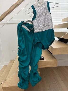 Weissman Teal Sequin-Front Bodysuit and Ruched Track Pants